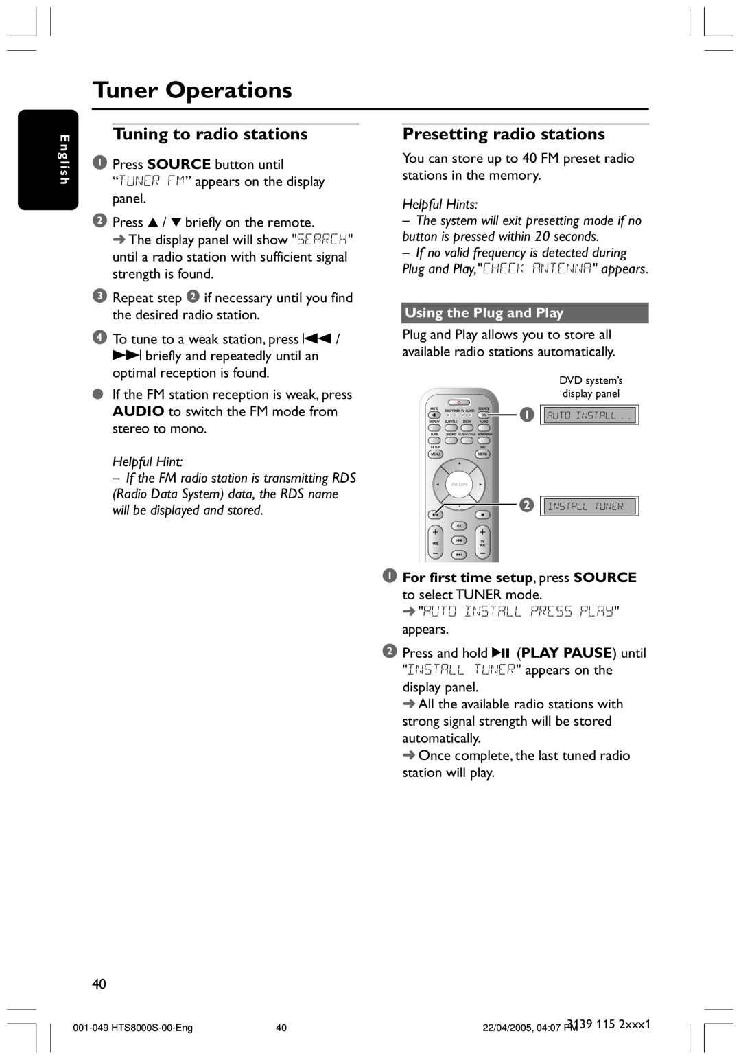 Philips HTS8000S user manual Tuner Operations, Tuning to radio stations, Presetting radio stations, Helpful Hints 