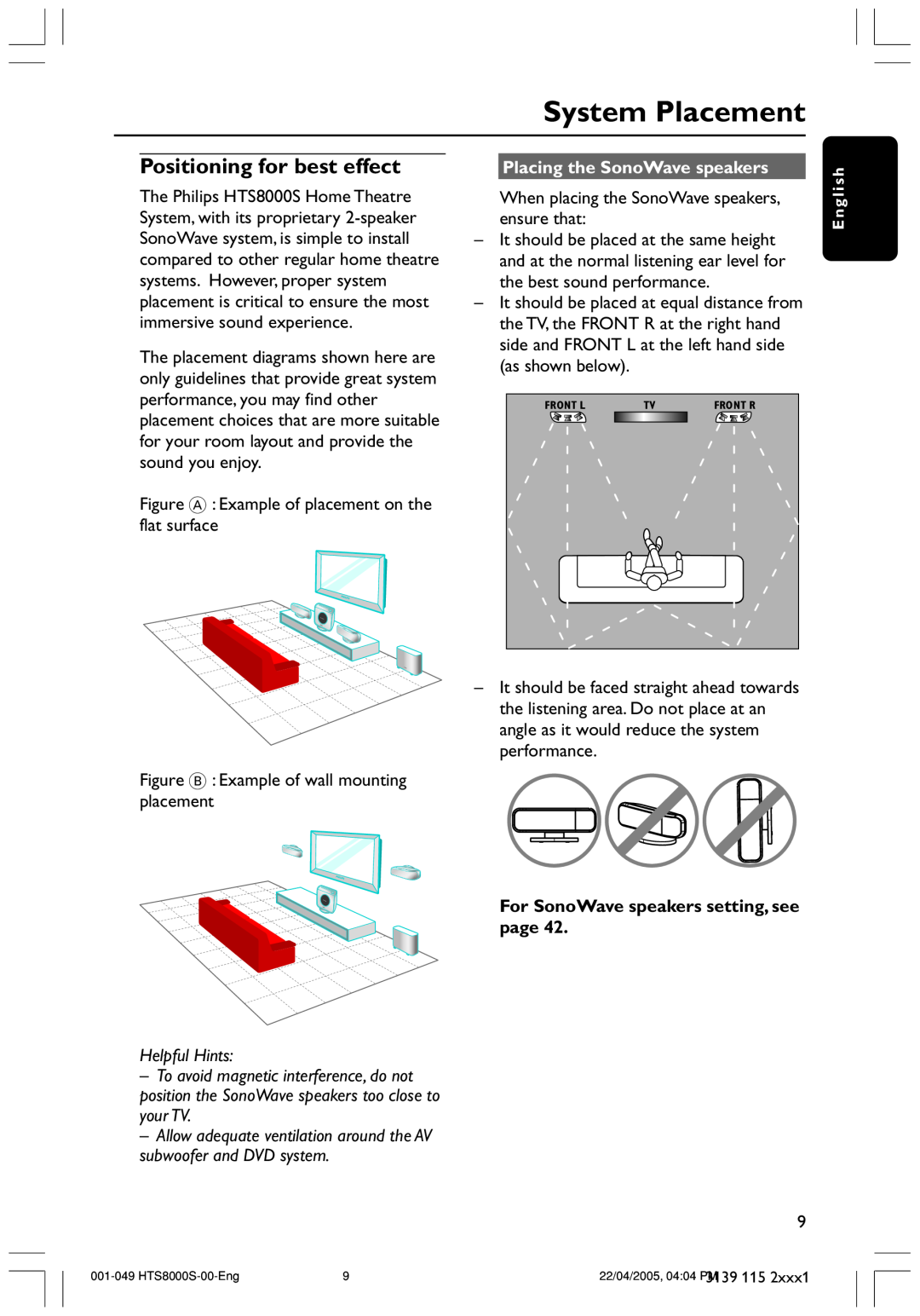 Philips HTS8000S user manual System Placement, Positioning for best effect, Placing the SonoWave speakers, Helpful Hints 