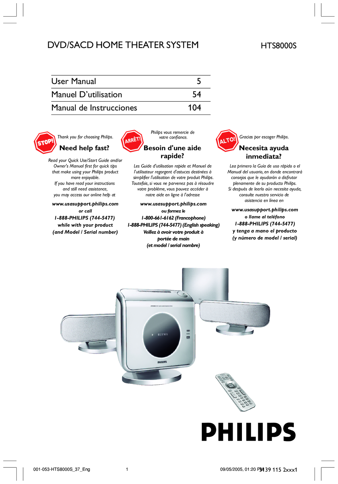 Philips HTS8000S/37 user manual DVD/SACD Home Theater System 