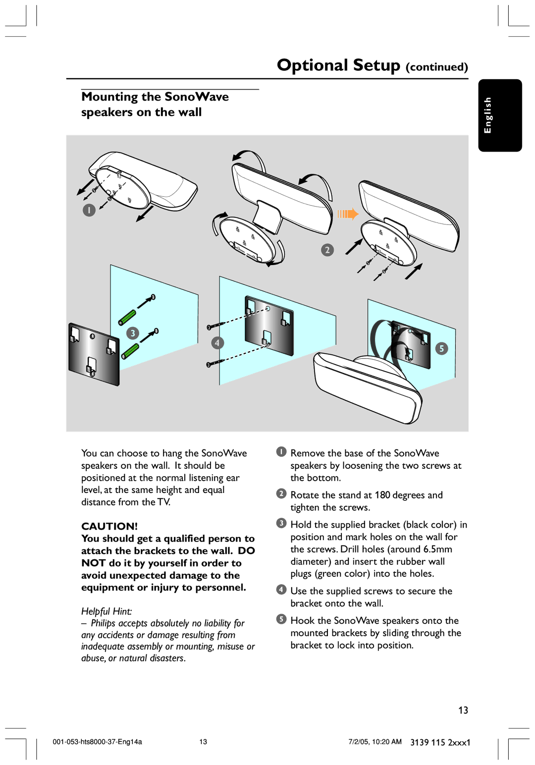 Philips HTS8000S/37 user manual Mounting the SonoWave speakers on the wall 