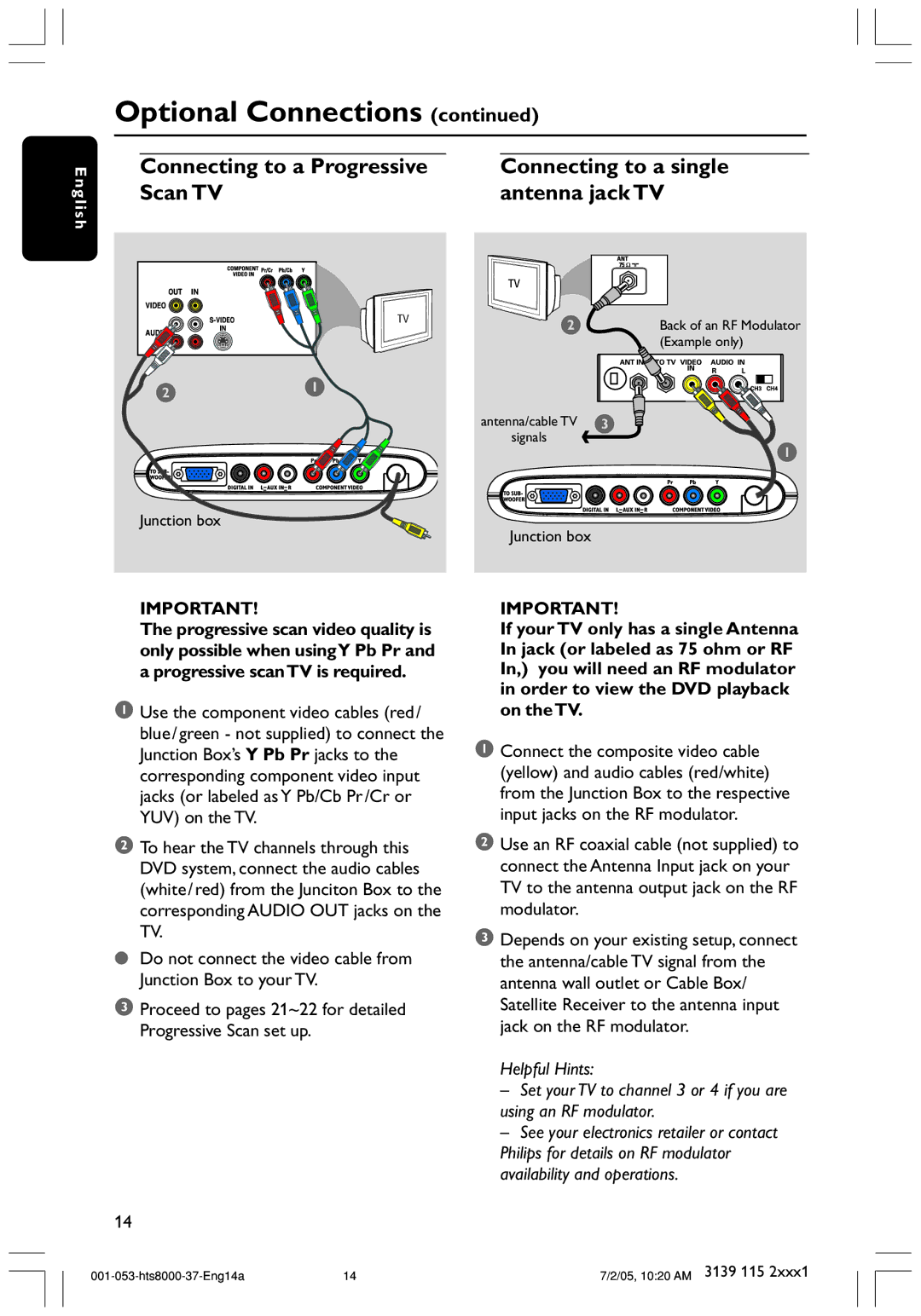 Philips HTS8000S/37 user manual Optional Connections, Connecting to a Progressive, Scan TV Antenna jack TV 