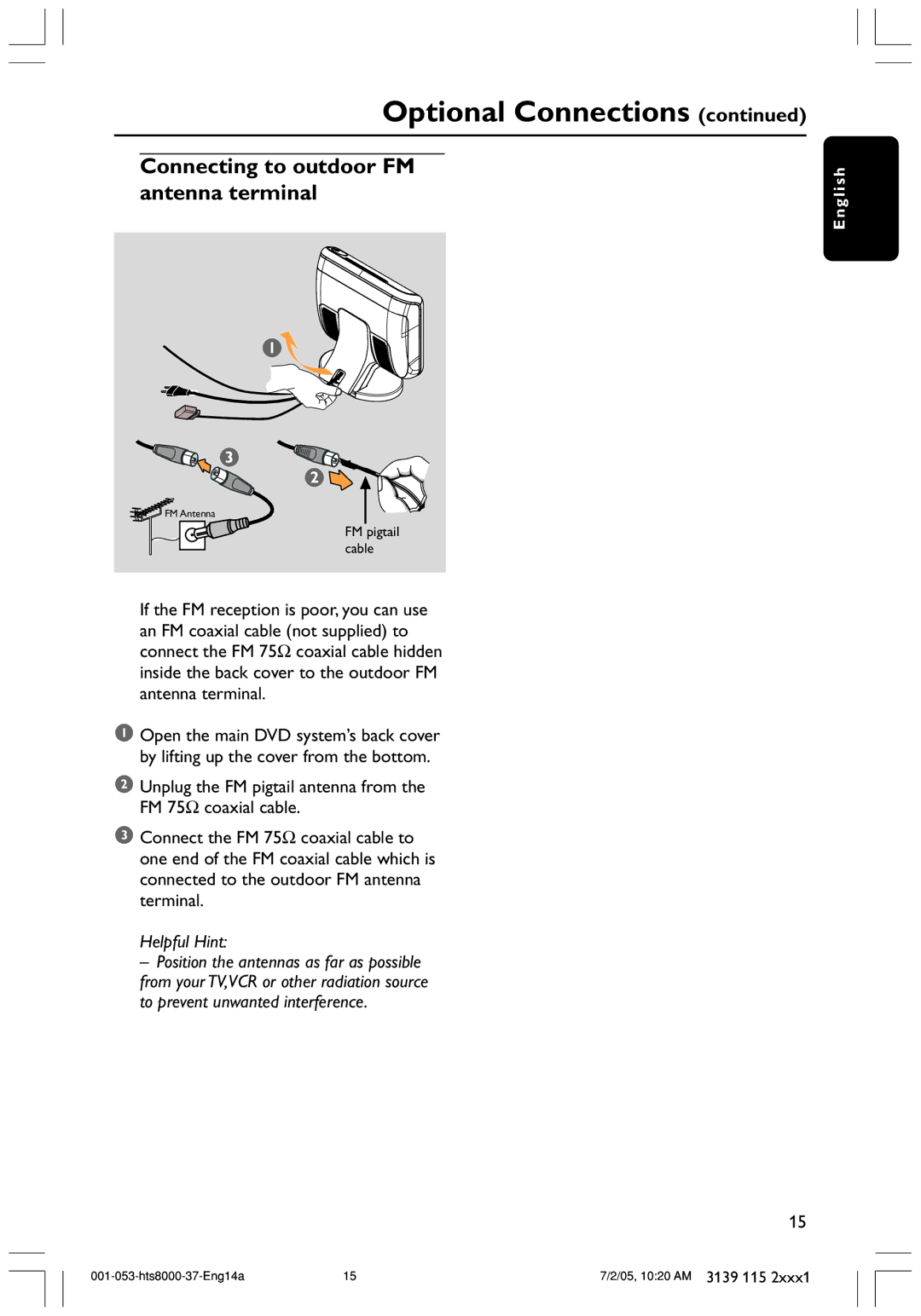 Philips HTS8000S/37 user manual Connecting to outdoor FM antenna terminal 