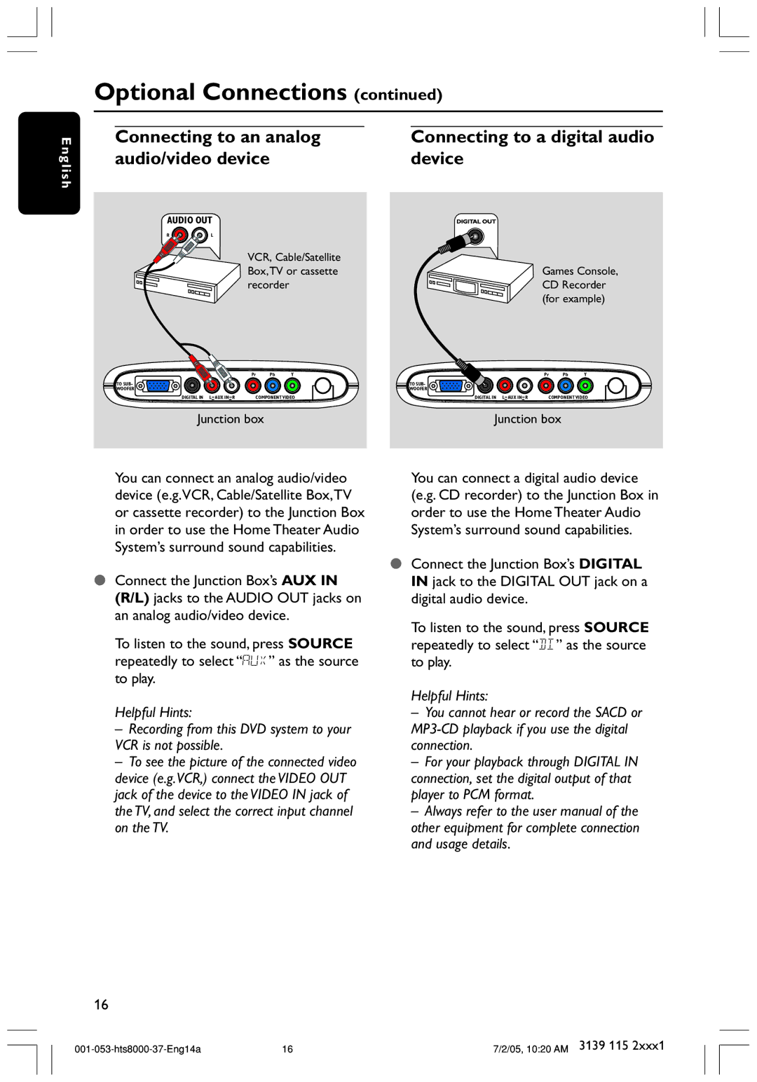 Philips HTS8000S/37 user manual Connecting to an analog, Audio/video device Device 