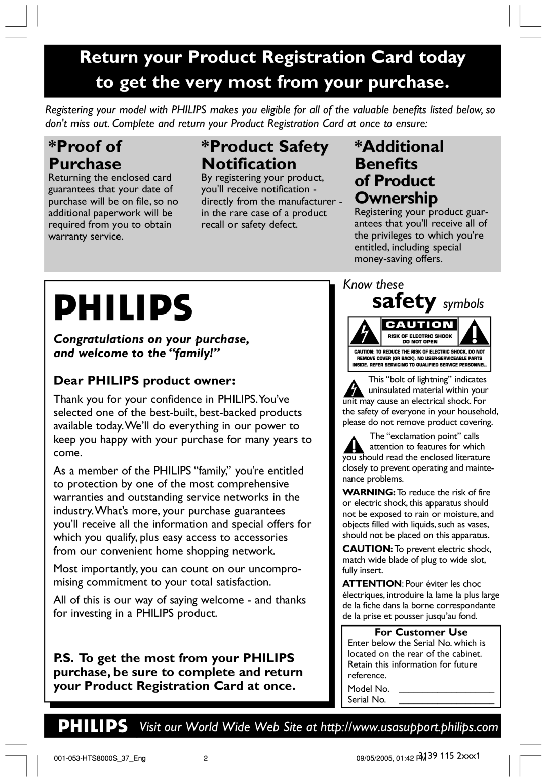 Philips HTS8000S/37 user manual Returning the enclosed card By registering your product, For Customer Use 