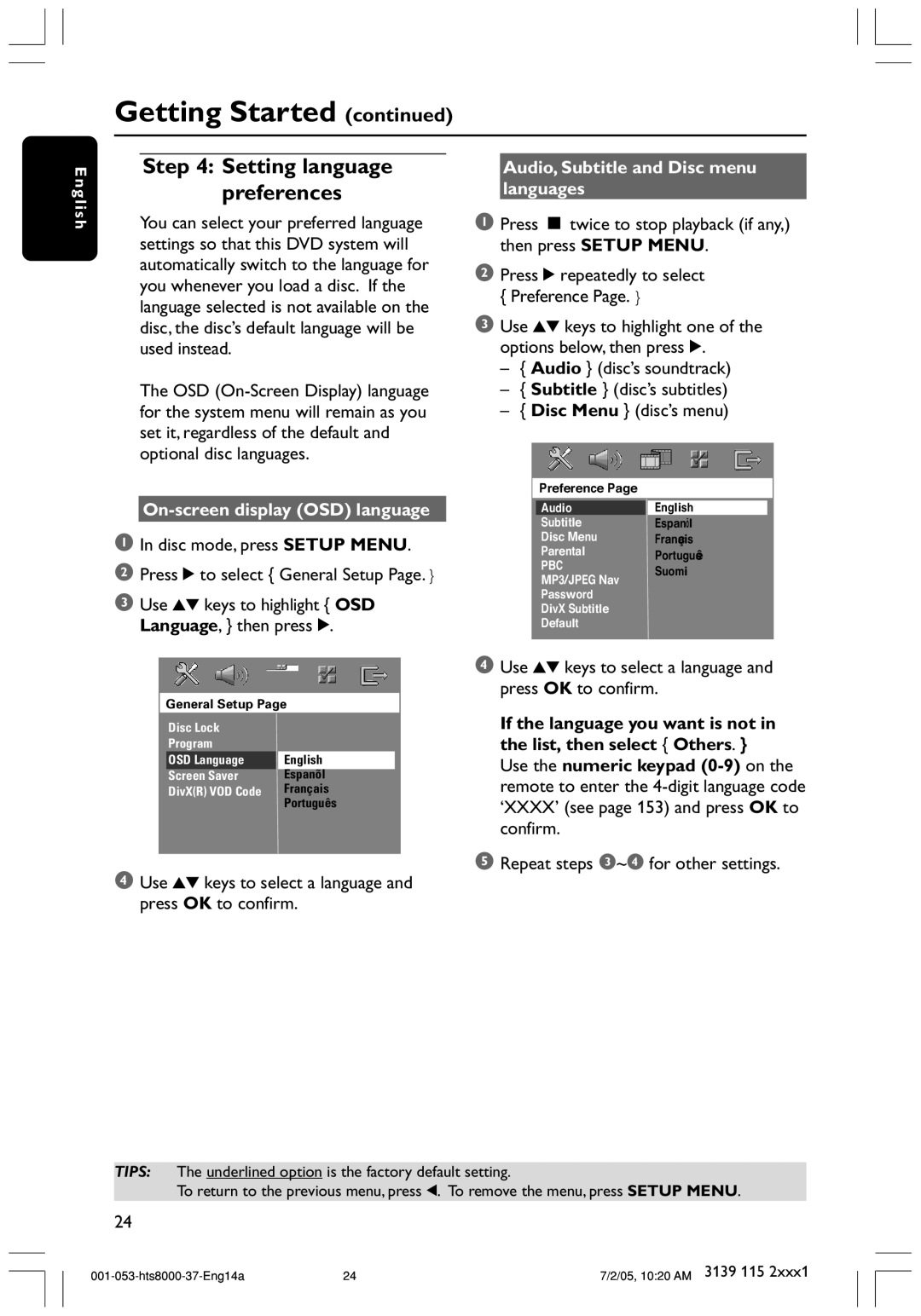 Philips HTS8000S/37 user manual Audio, Subtitle and Disc menu, Languages, On-screen display OSD language 