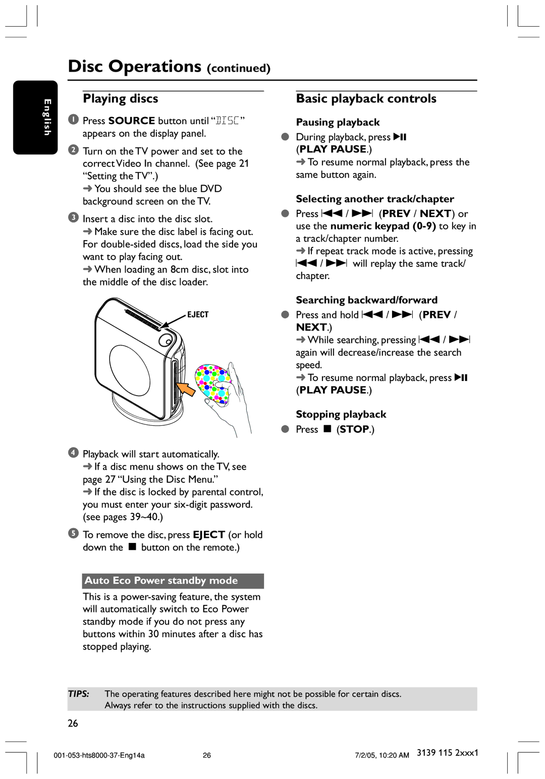 Philips HTS8000S/37 user manual Playing discs, Basic playback controls, Auto Eco Power standby mode 