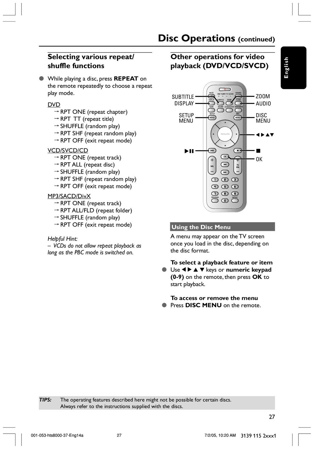 Philips HTS8000S/37 Selecting various repeat/ shuffle functions, Other operations for video playback DVD/VCD/SVCD 