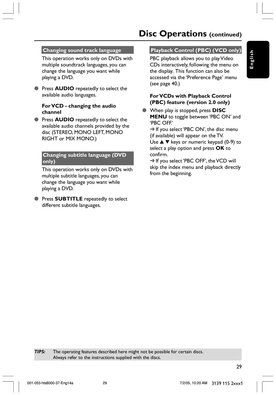 Philips HTS8000S/37 Changing sound track language, For VCD changing the audio channel, Changing subtitle language DVD only 