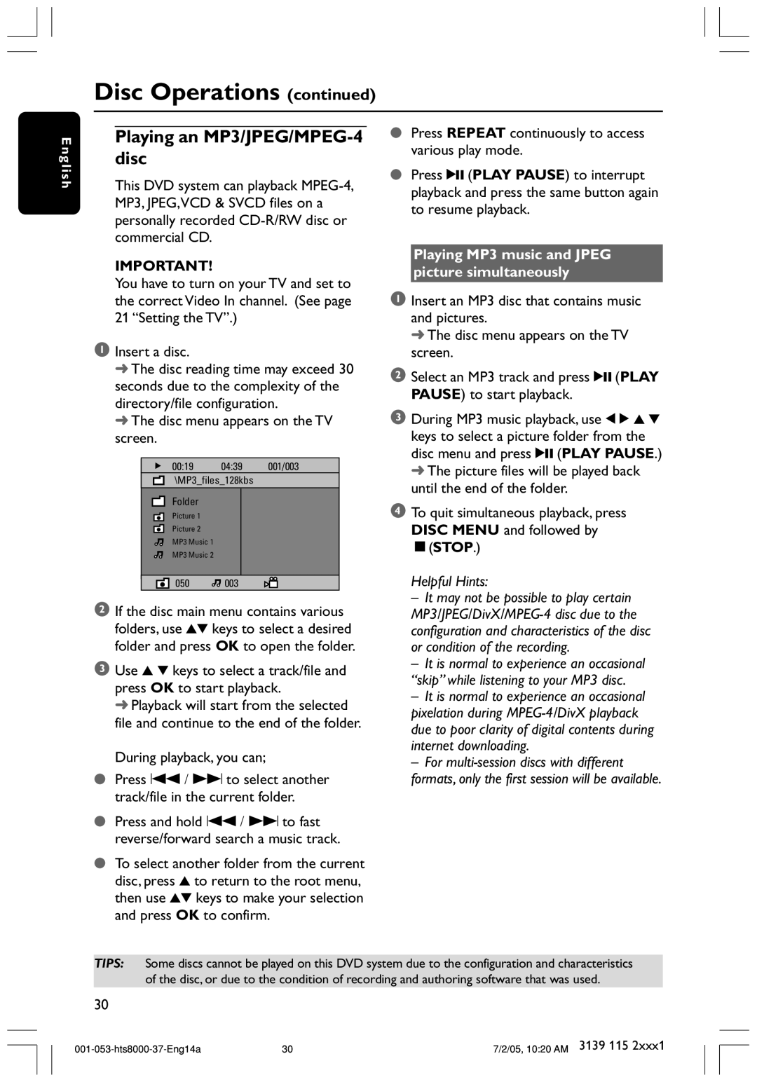 Philips HTS8000S/37 user manual Playing an MP3/JPEG/MPEG-4 disc, Disc menu appears on the TV screen 