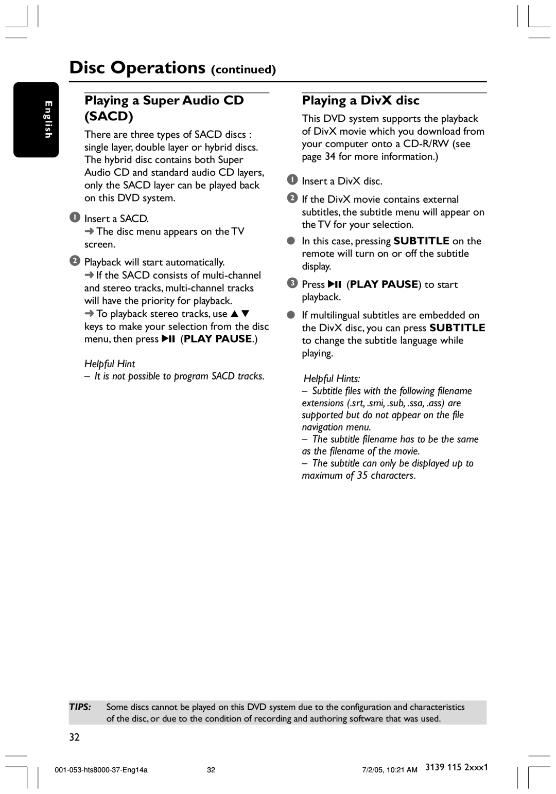 Philips HTS8000S/37 user manual Playing a Super Audio CD Sacd, Playing a DivX disc 