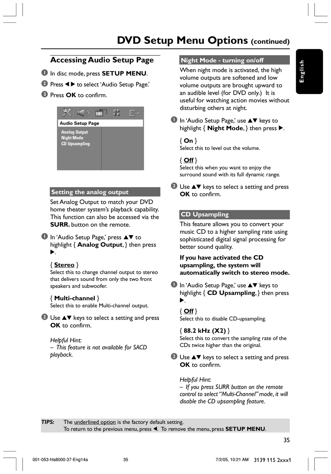 Philips HTS8000S/37 user manual Accessing Audio Setup, Night Mode turning on/off, Setting the analog output, CD Upsampling 