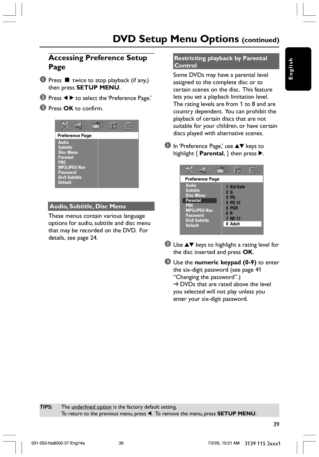 Philips HTS8000S/37 Accessing Preference Setup, Audio, Subtitle, Disc Menu, Restricting playback by Parental Control 