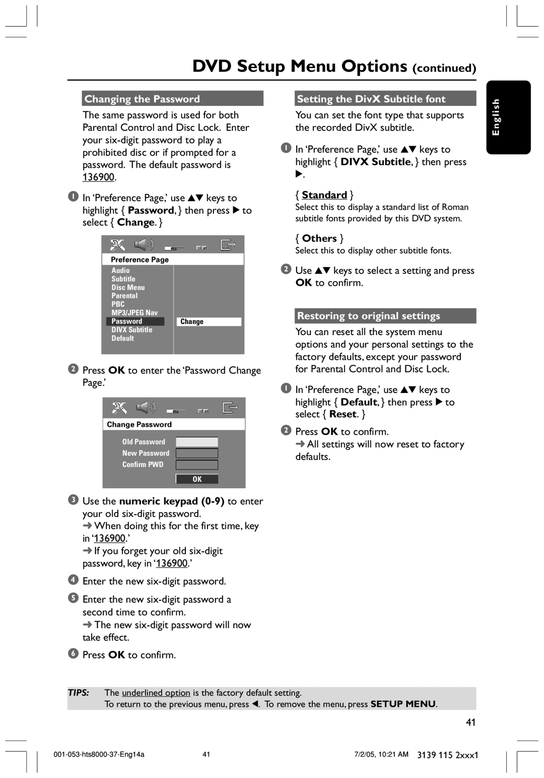 Philips HTS8000S/37 Changing the Password Setting the DivX Subtitle font, Others, Restoring to original settings 