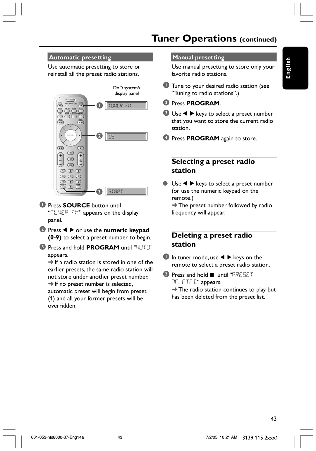 Philips HTS8000S/37 user manual Selecting a preset radio station, Deleting a preset radio station, Automatic presetting 