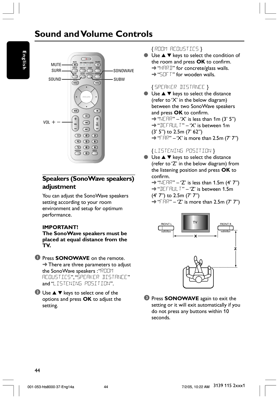 Philips HTS8000S/37 user manual Sound and Volume Controls, Speakers SonoWave speakers adjustment 