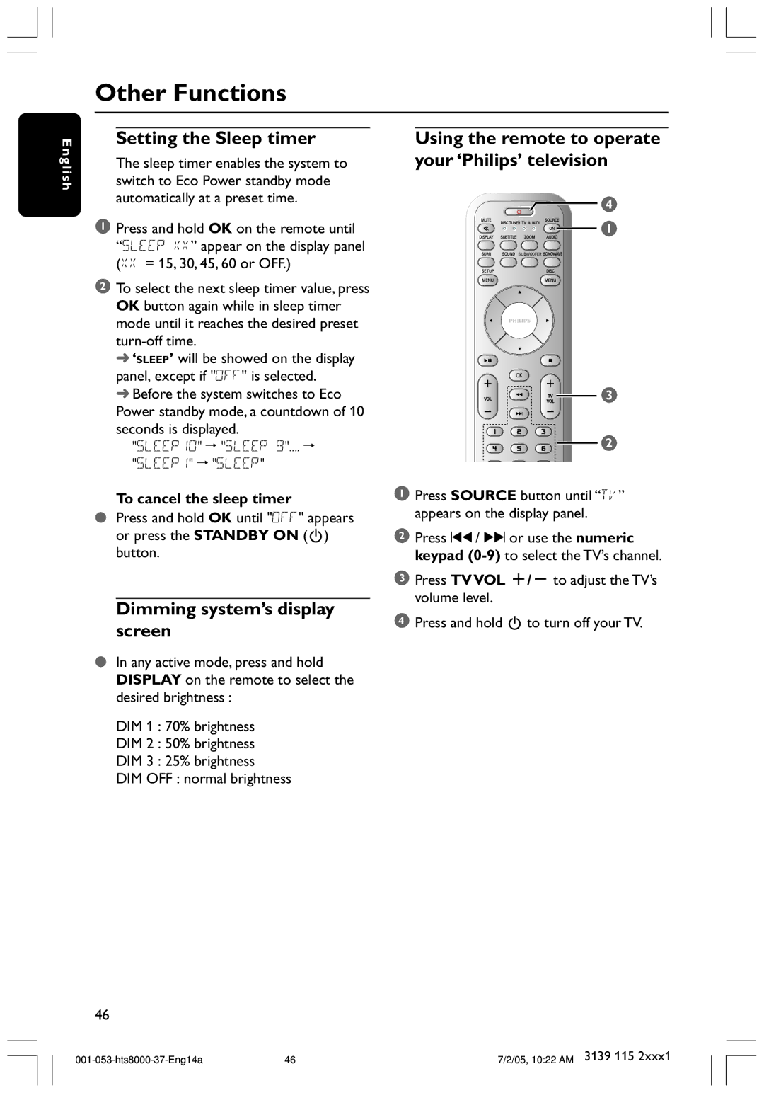 Philips HTS8000S/37 Other Functions, Setting the Sleep timer, Dimming system’s display screen, To cancel the sleep timer 