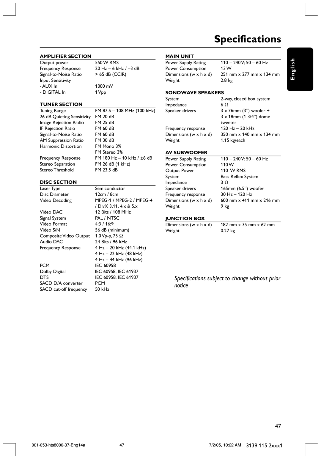 Philips HTS8000S/37 user manual Specifications, Amplifier Section 