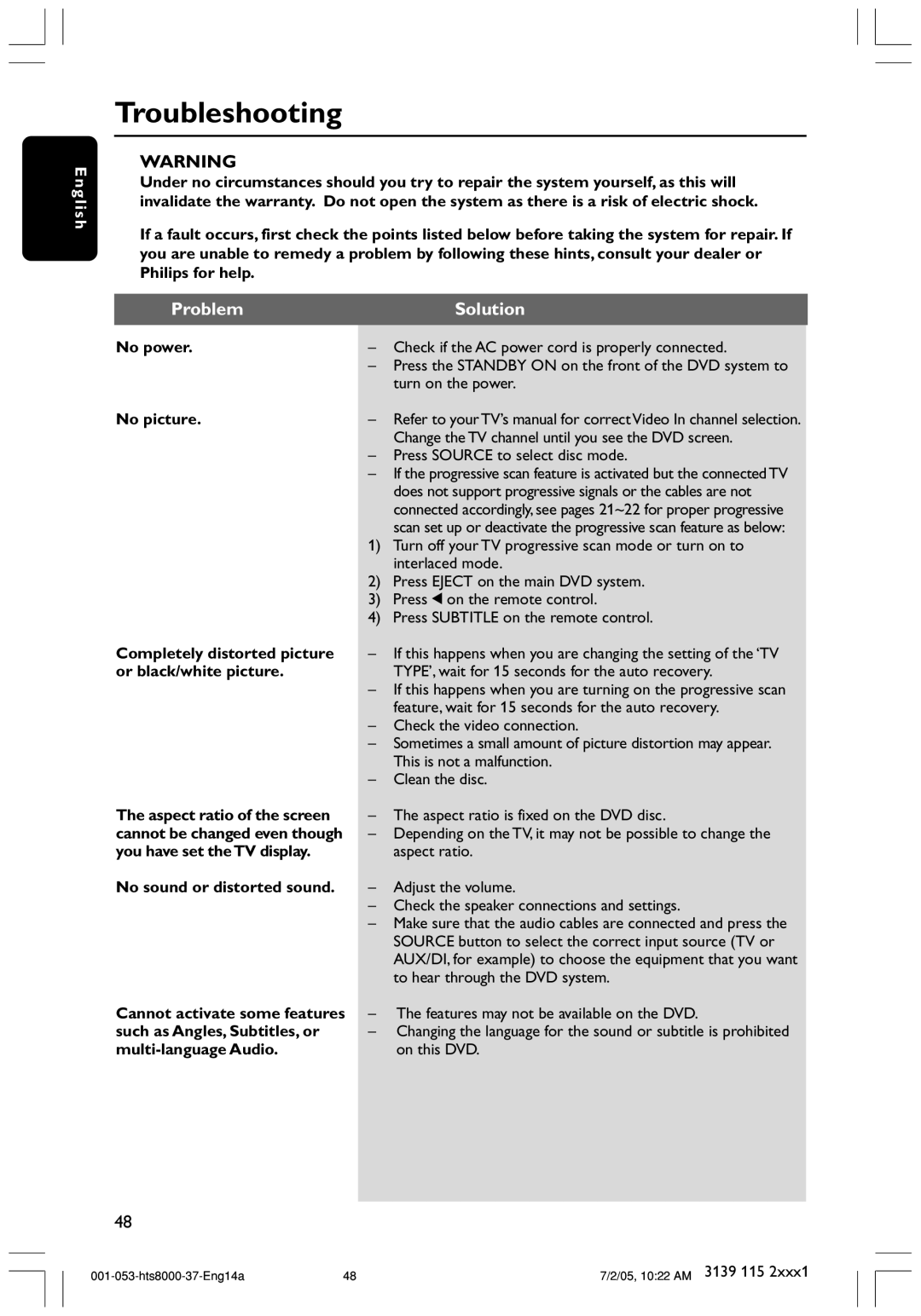 Philips HTS8000S/37 user manual Troubleshooting, Problem, Solution 