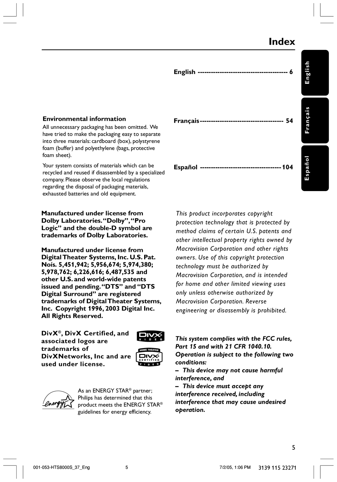 Philips HTS8000S/37 user manual English Environmental information, Español 