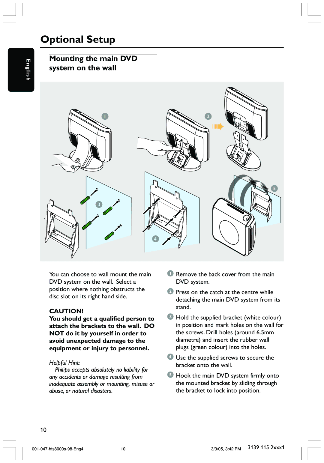 Philips HTS8000S/69 user manual Optional Setup, Mounting the main DVD system on the wall 