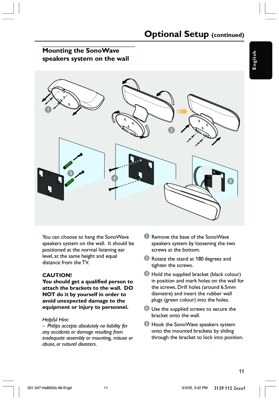 Philips HTS8000S/69 user manual Rotate the stand at 180 degrees and tighten the screws 