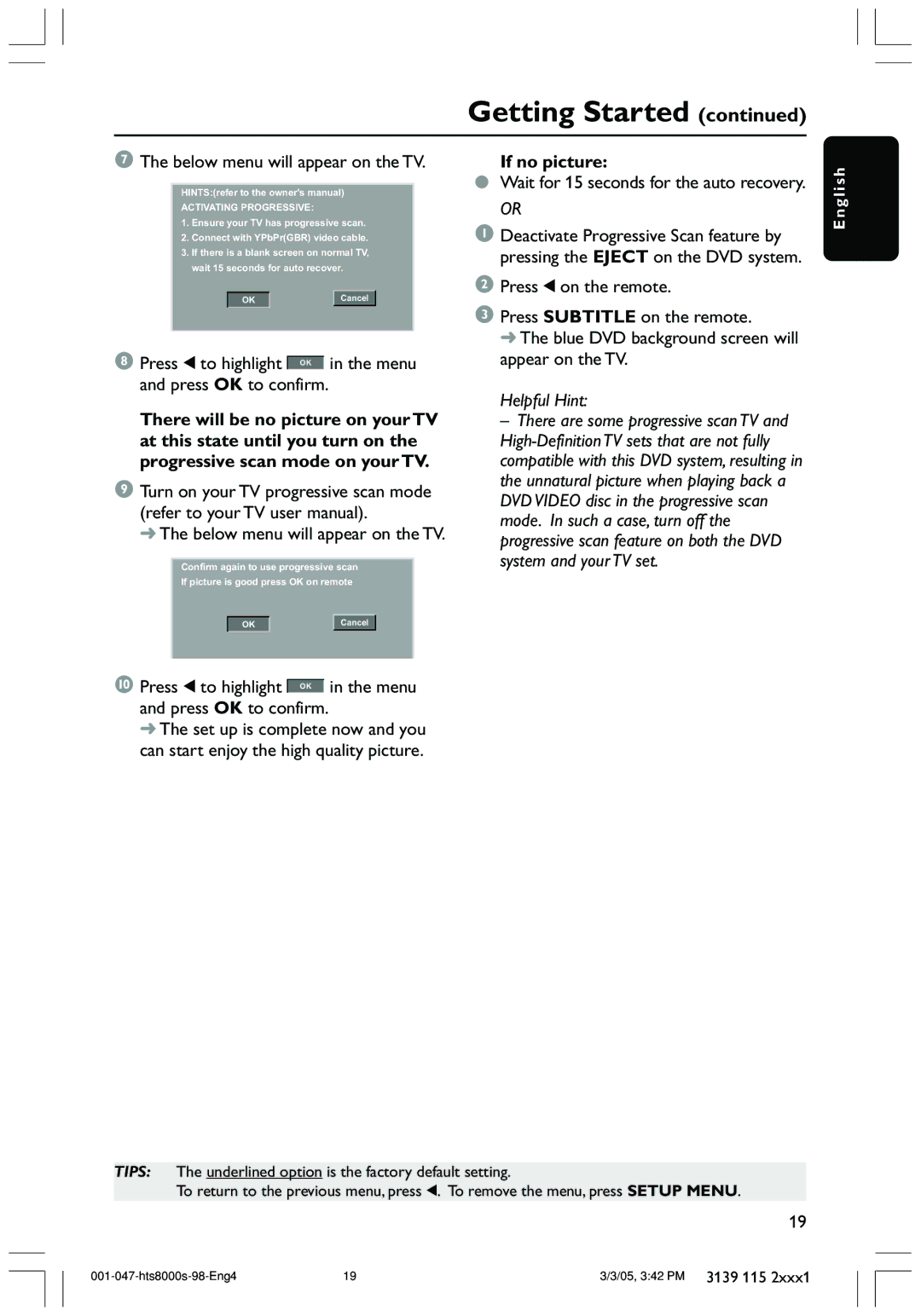 Philips HTS8000S/69 user manual Below menu will appear on the TV, If no picture 