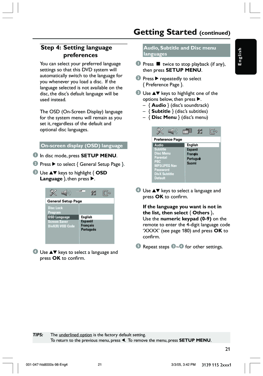 Philips HTS8000S/69 user manual On-screen display OSD language, Disc mode, press Setup Menu Press 2 to select General Setup 