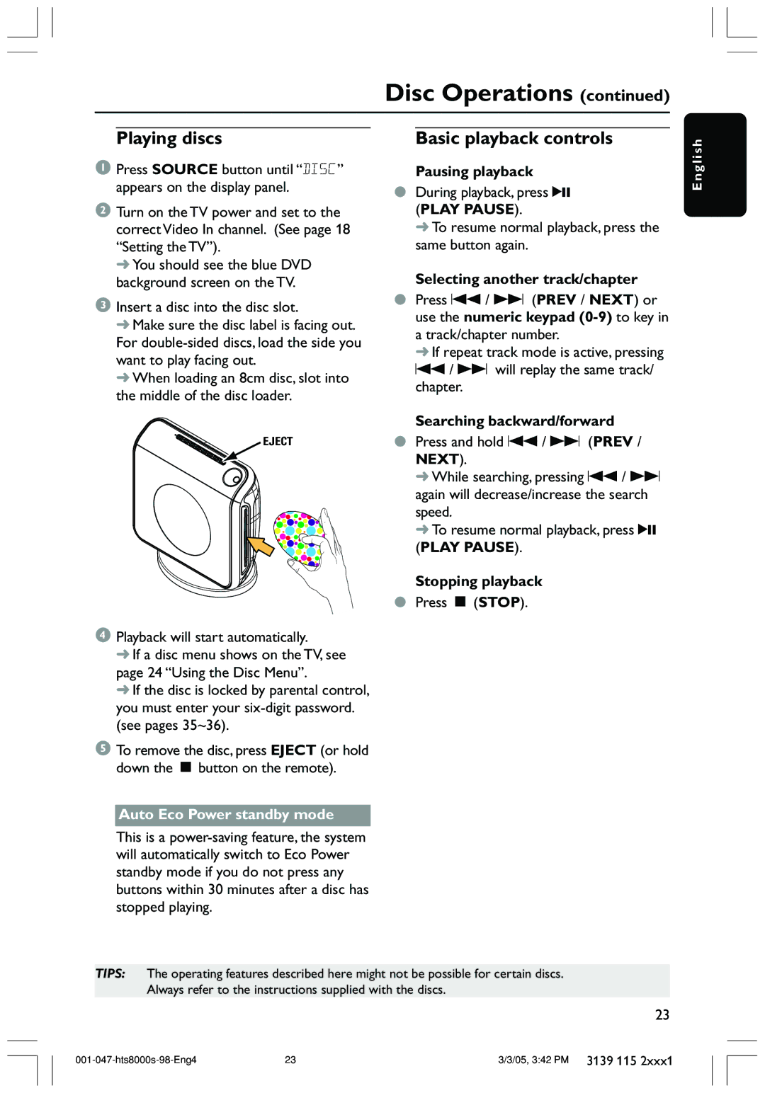 Philips HTS8000S/69 user manual Playing discs, Basic playback controls, Auto Eco Power standby mode 