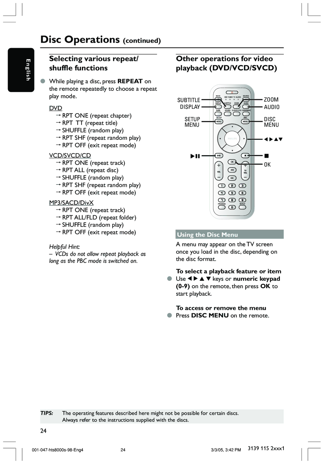 Philips HTS8000S/69 Selecting various repeat/ shuffle functions, Other operations for video playback DVD/VCD/SVCD 