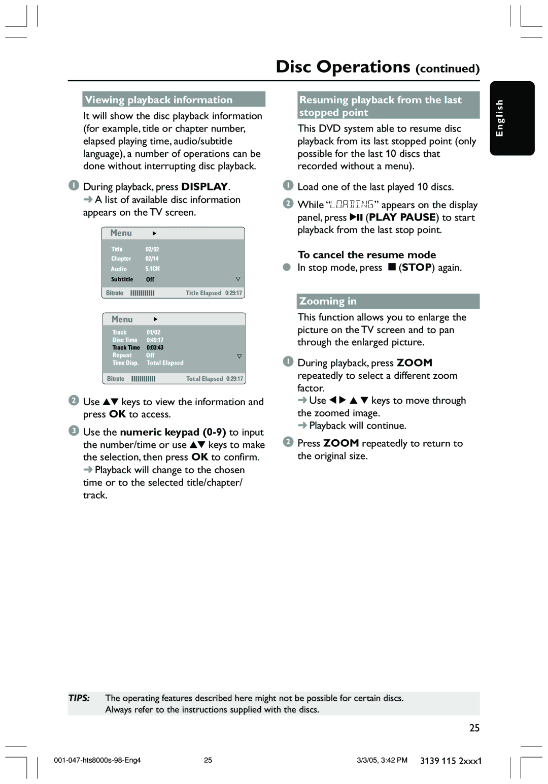 Philips HTS8000S/69 Viewing playback information, Resuming playback from the last stopped point, To cancel the resume mode 