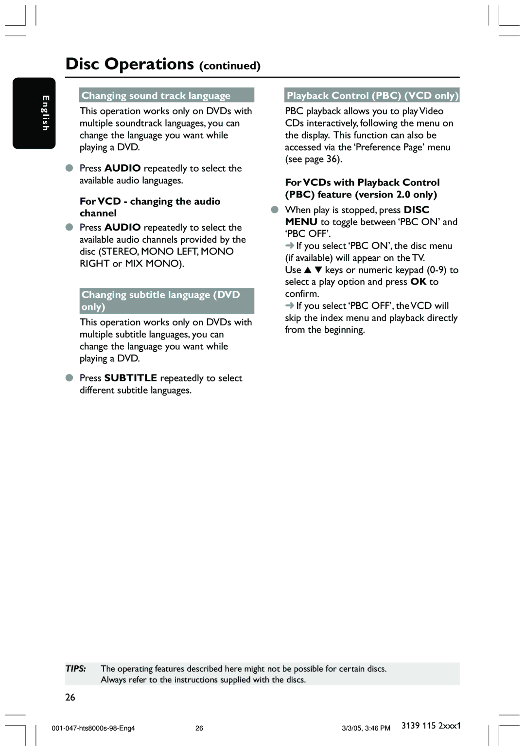 Philips HTS8000S/69 Changing sound track language, For VCD changing the audio channel, Changing subtitle language DVD only 