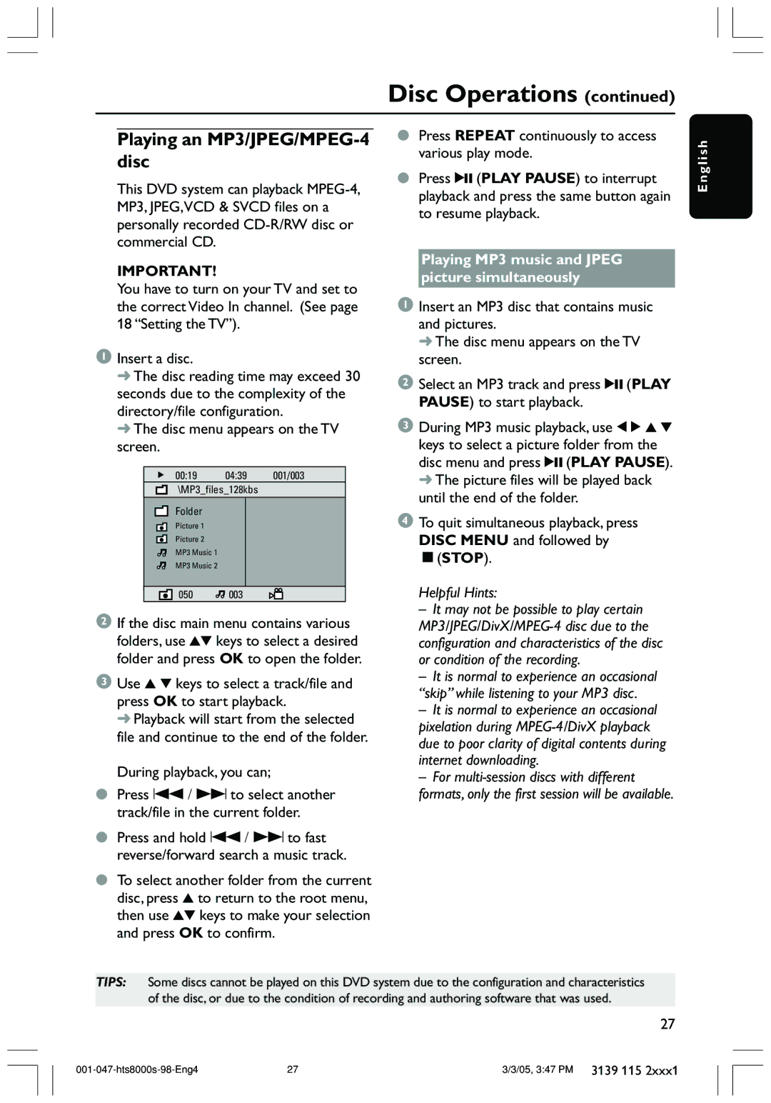 Philips HTS8000S/69 user manual Playing an MP3/JPEG/MPEG-4 disc, Disc menu appears on the TV screen 