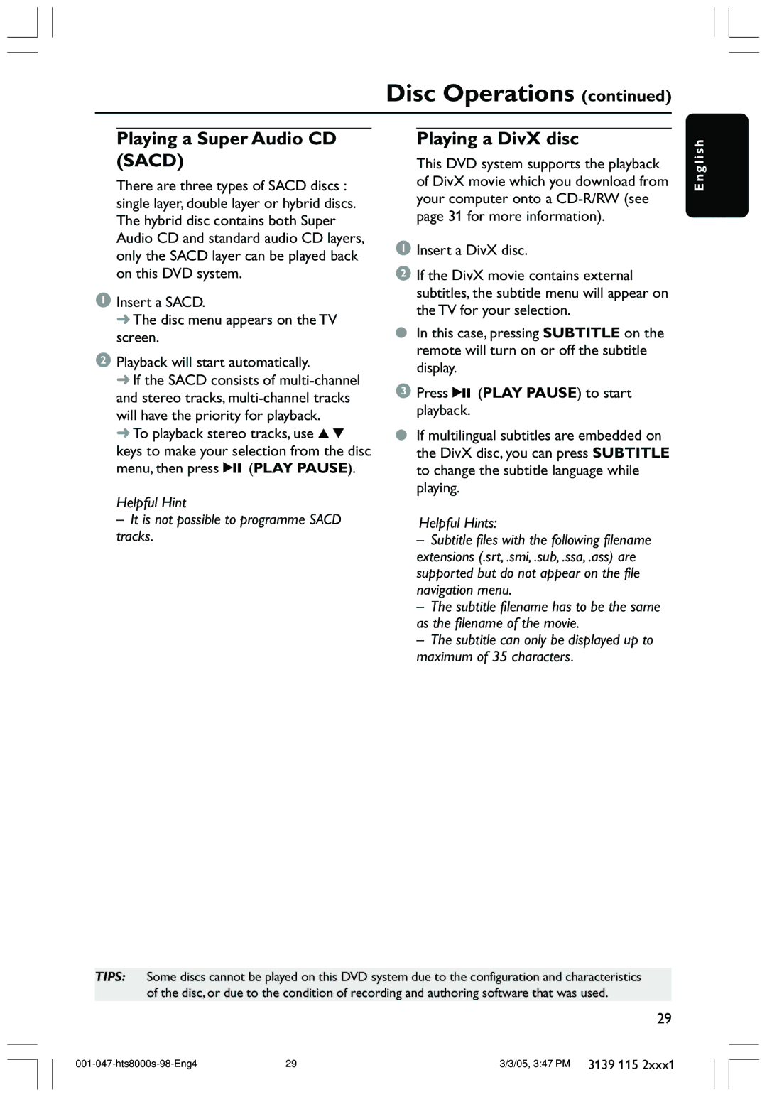 Philips HTS8000S/69 user manual Playing a Super Audio CD Sacd, Playing a DivX disc 