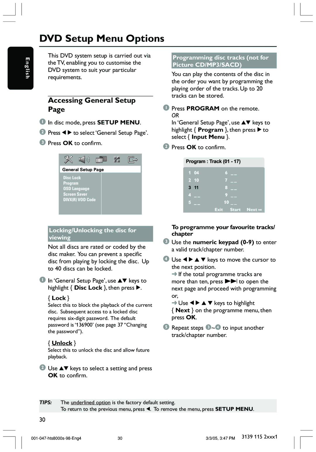 Philips HTS8000S/69 DVD Setup Menu Options, Accessing General Setup, Programming disc tracks not for Picture CD/MP3/SACD 