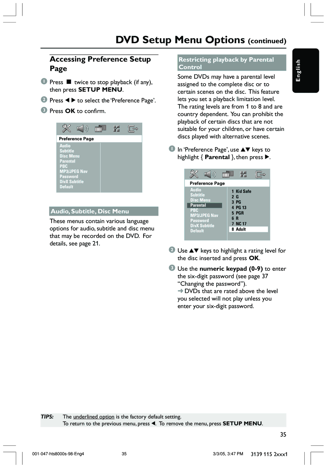 Philips HTS8000S/69 Accessing Preference Setup, Audio, Subtitle, Disc Menu, Restricting playback by Parental Control 