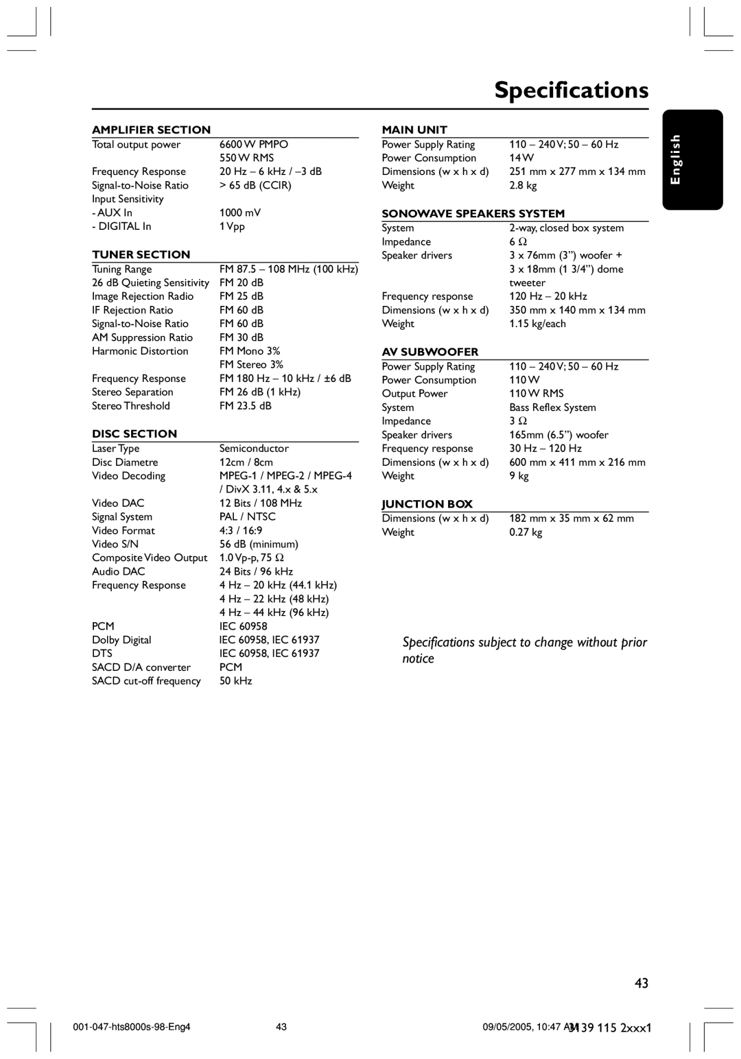 Philips HTS8000S/69 user manual Specifications, Amplifier Section 