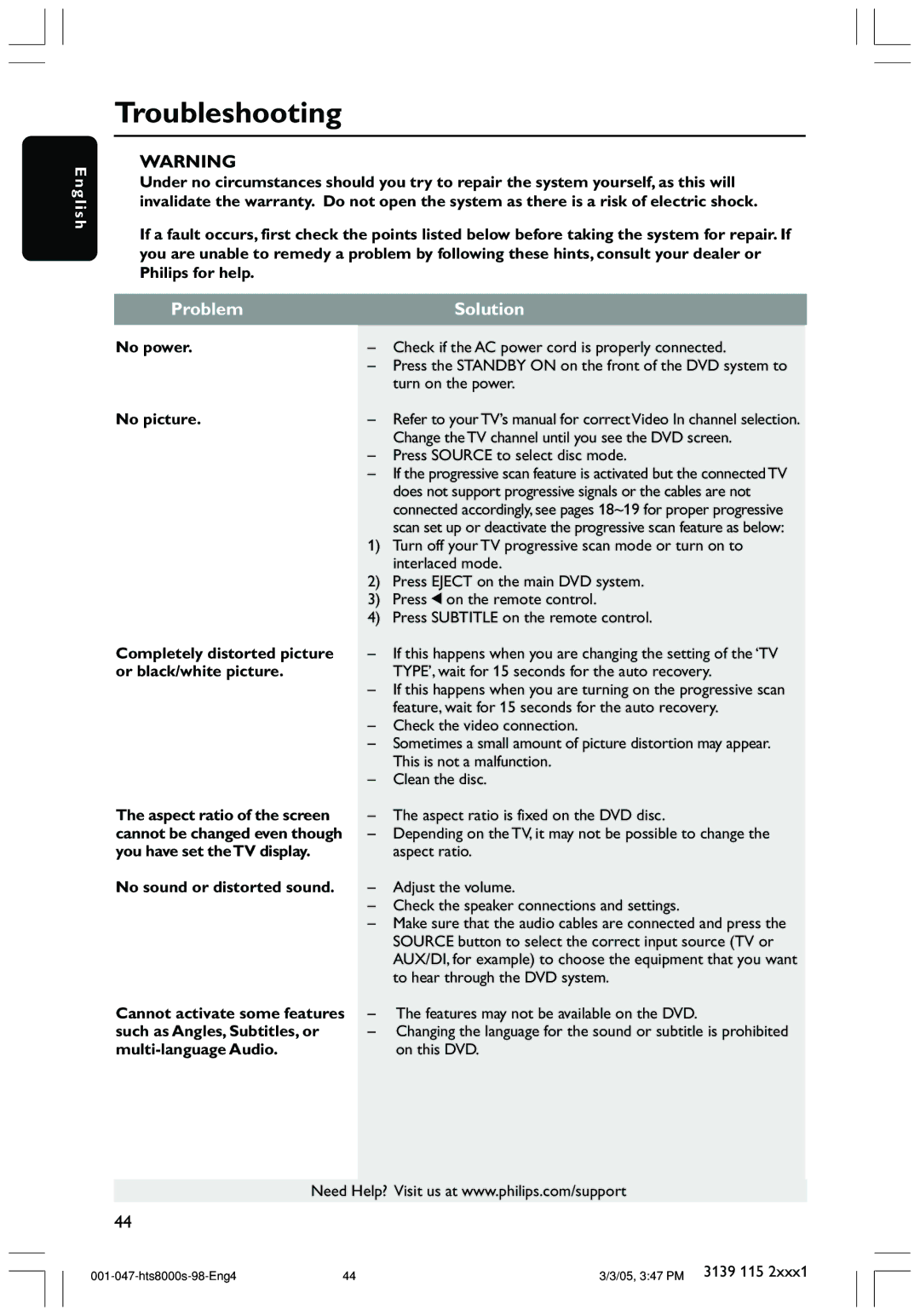 Philips HTS8000S/69 user manual Troubleshooting, Problem, Solution 