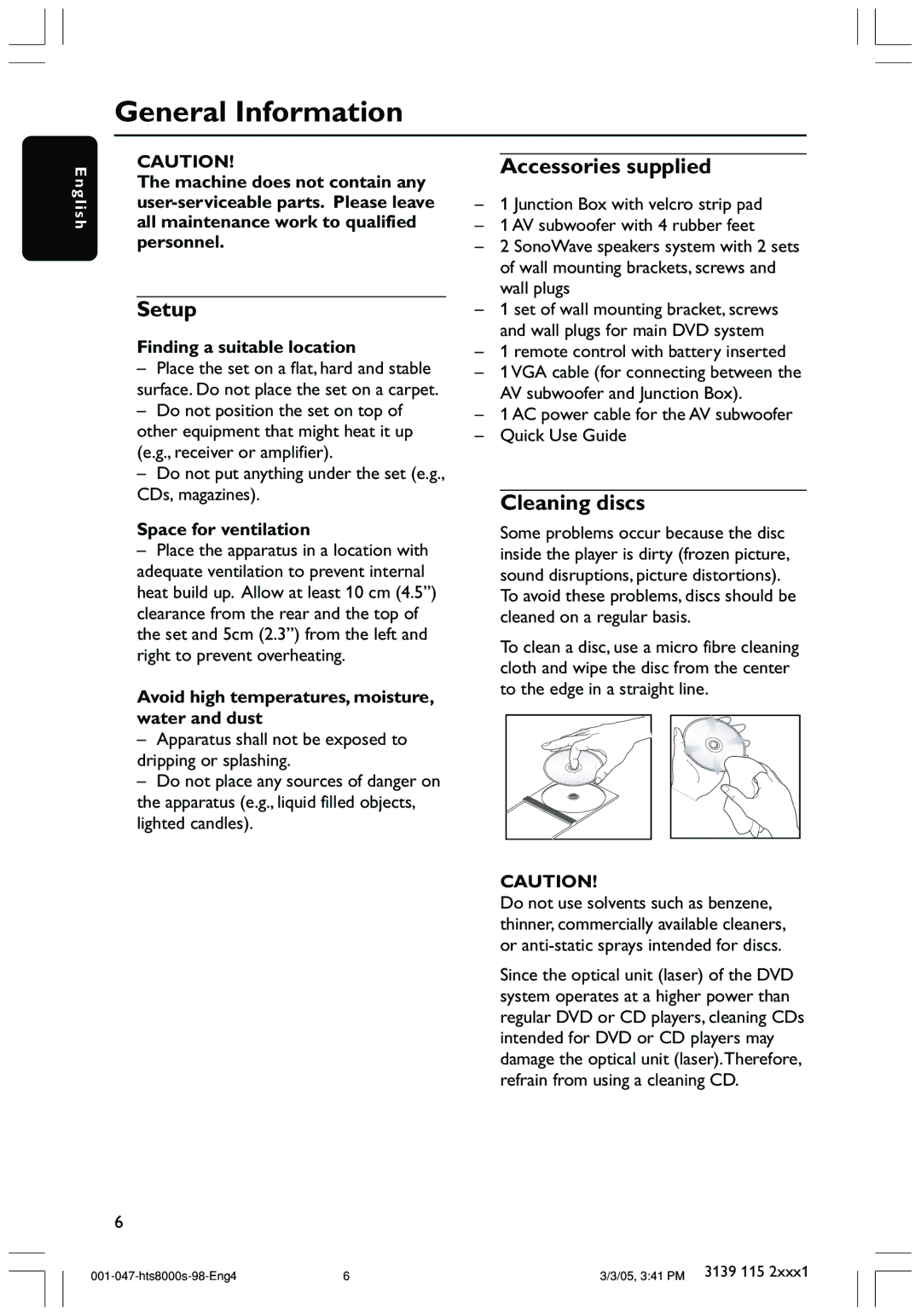 Philips HTS8000S/69 user manual General Information, Setup, Accessories supplied, Cleaning discs 