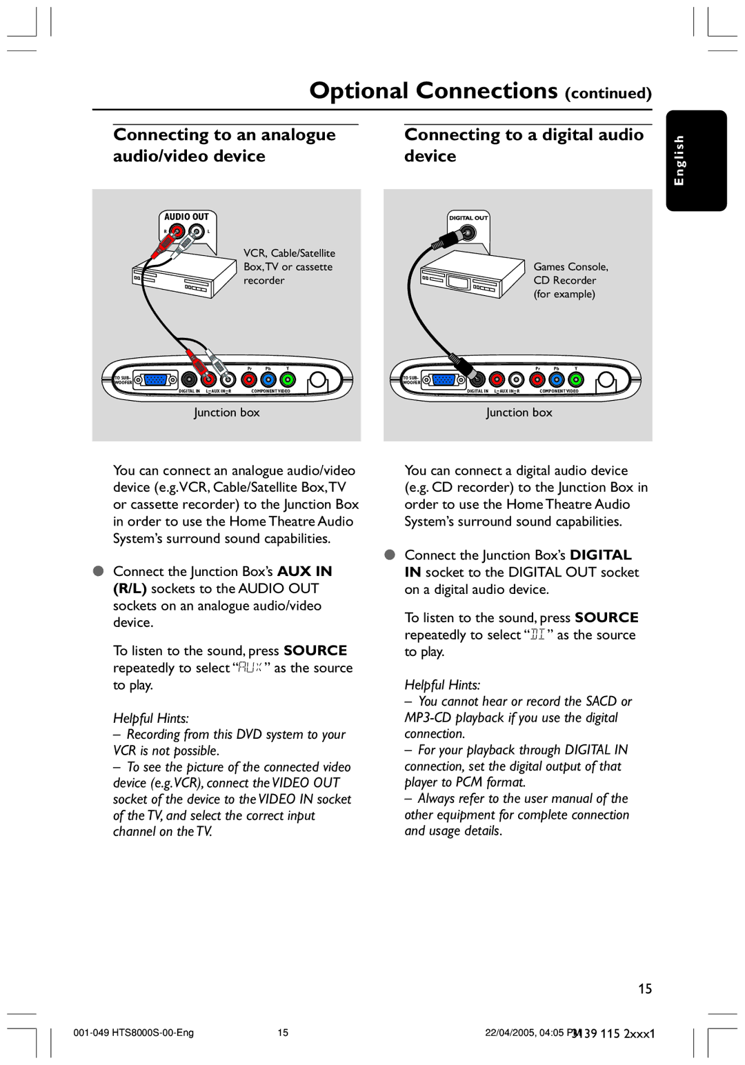 Philips HTS8010S/01B user manual Connecting to an analogue, Audio/video device Device 