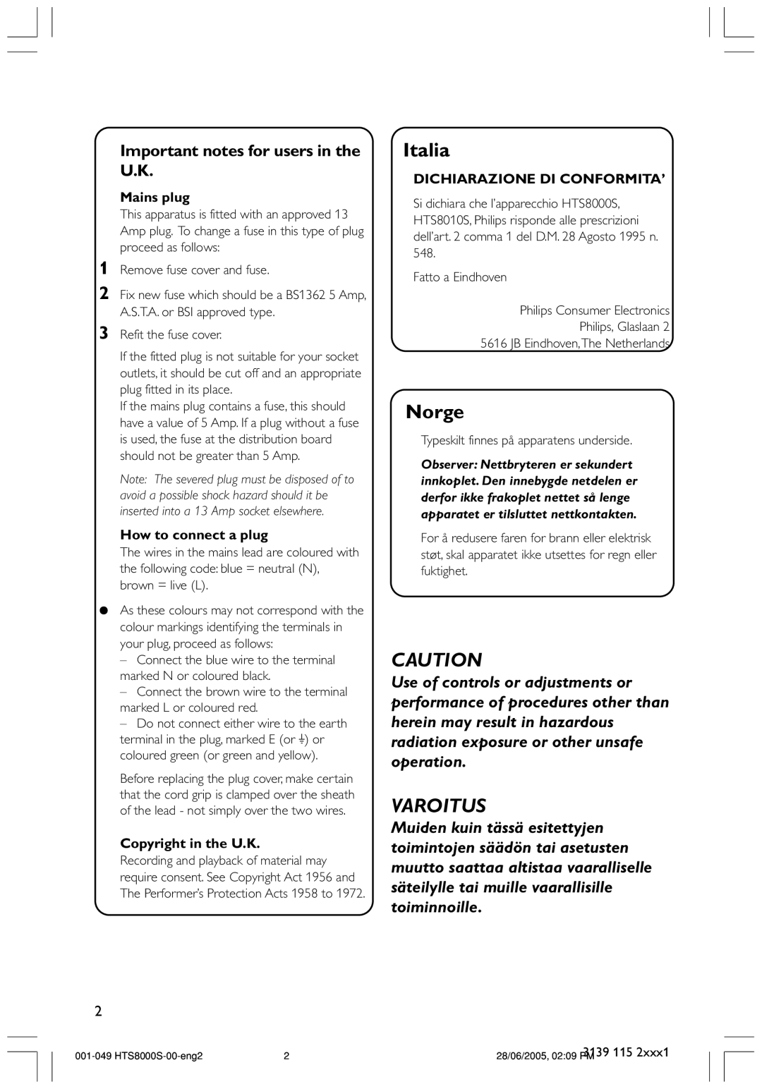 Philips HTS8010S/01B user manual Varoitus 