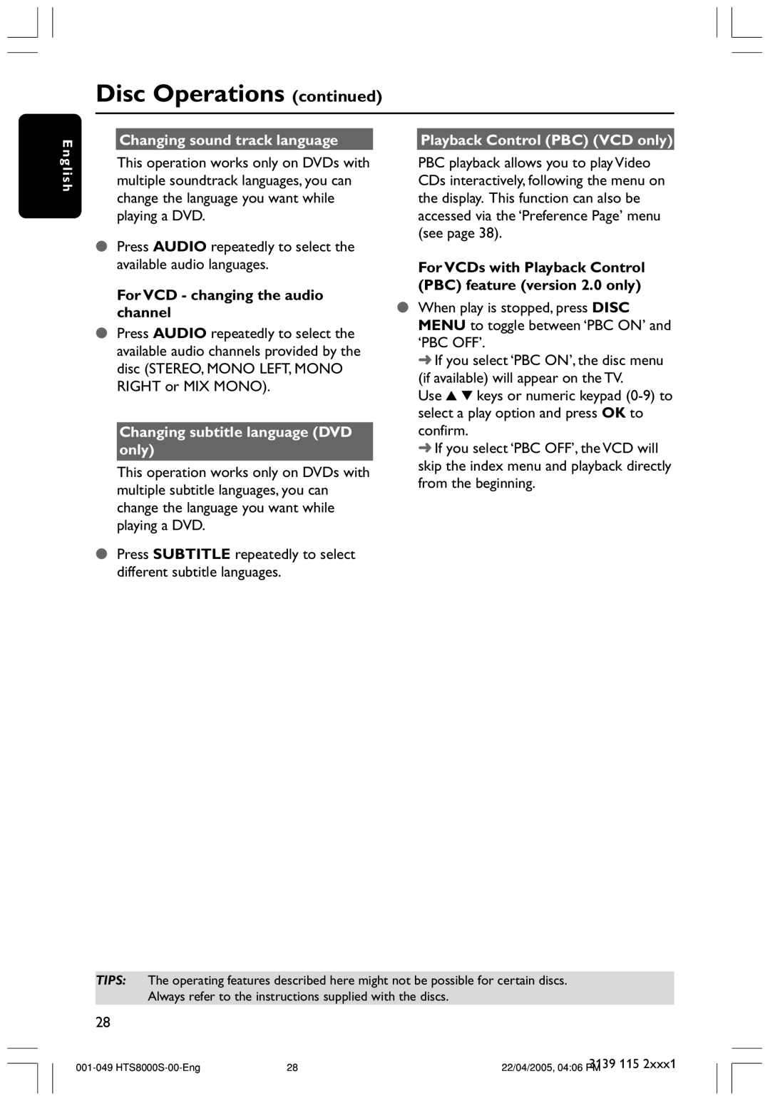 Philips HTS8010S/01B Changing sound track language, For VCD changing the audio channel, Playback Control PBC VCD only 