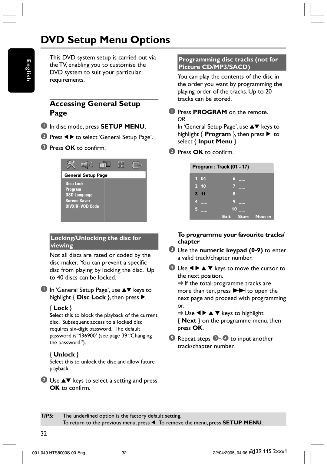 Philips HTS8010S/01B DVD Setup Menu Options, Accessing General Setup, Programming disc tracks not for Picture CD/MP3/SACD 