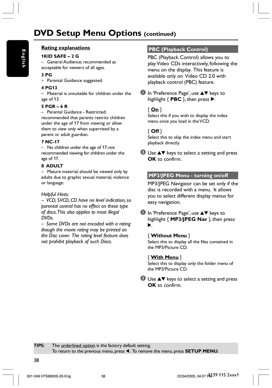 Philips HTS8010S/01B Rating explanations, PBC Playback Control, MP3/JPEG Menu turning on/off, Without Menu, With Menu 