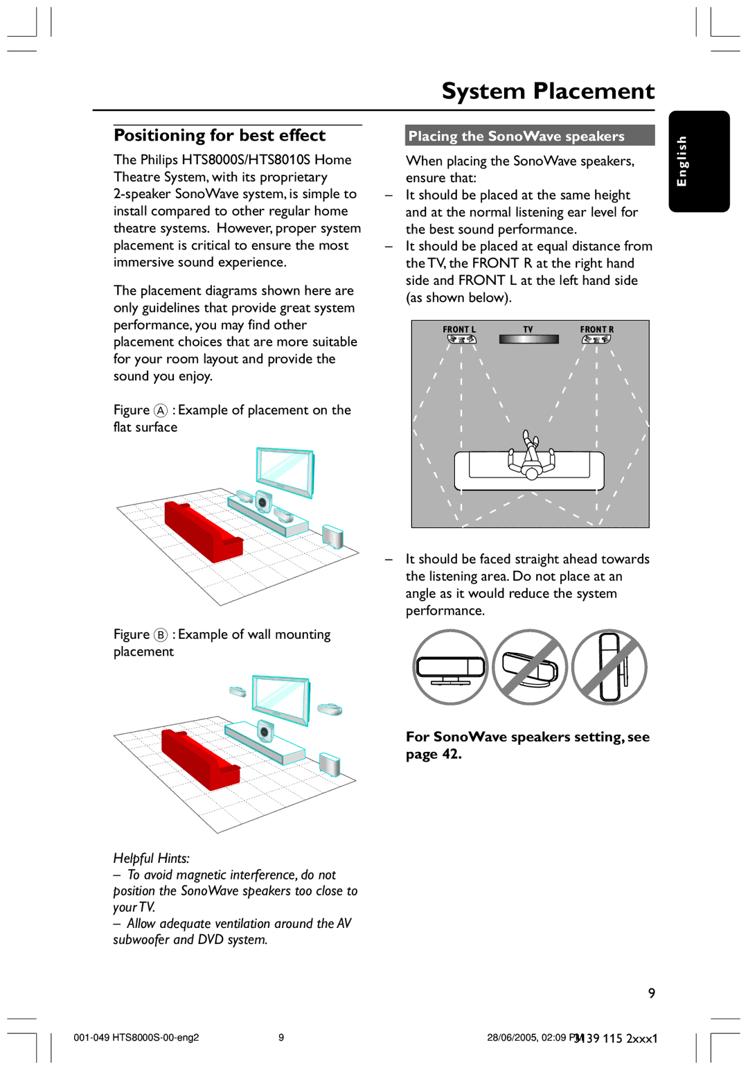 Philips HTS8010S/01B user manual System Placement, Positioning for best effect, Placing the SonoWave speakers 