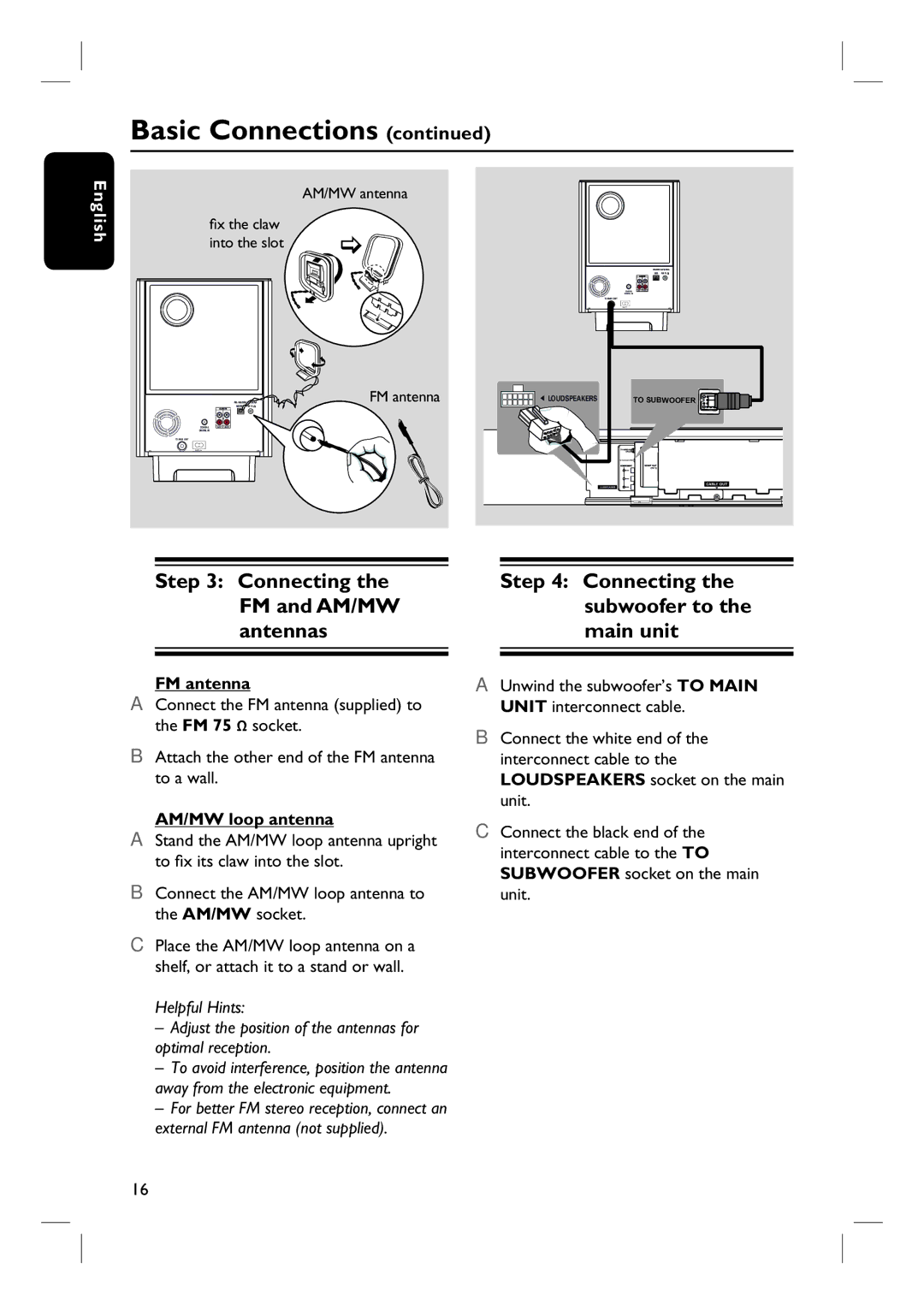 Philips HTS8100 quick start Connecting the FM and AM/MW antennas, Connecting the subwoofer to the main unit, FM antenna 