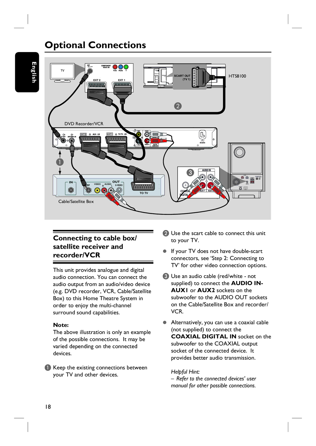 Philips HTS8100 quick start Optional Connections, Connecting to cable box/ satellite receiver and recorder/VCR 