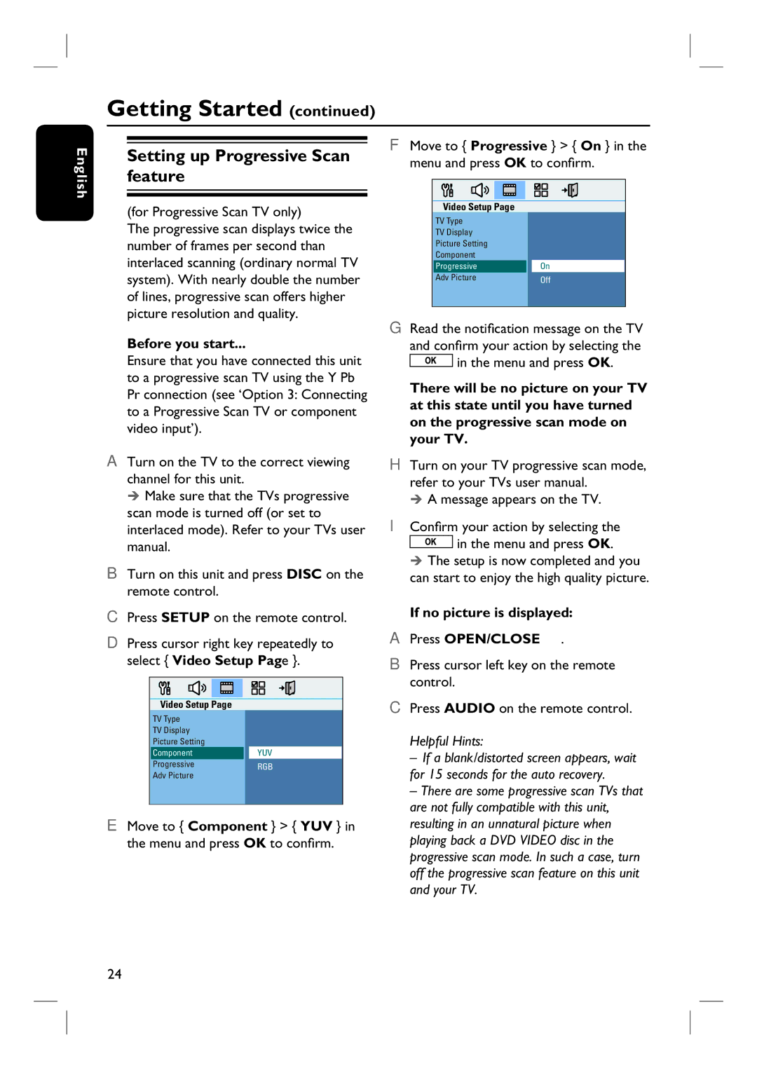 Philips HTS8100 quick start Setting up Progressive Scan feature, For Progressive Scan TV only 