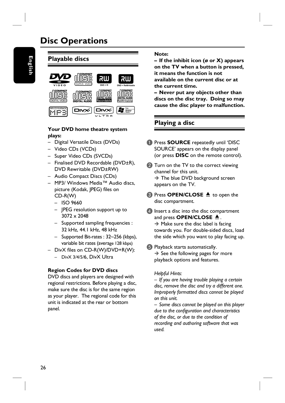 Philips HTS8100 quick start Disc Operations, Playable discs, Playing a disc 