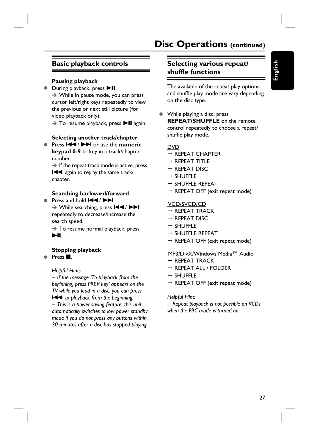 Philips HTS8100 quick start Basic playback controls, Selecting various repeat/ shuffle functions 