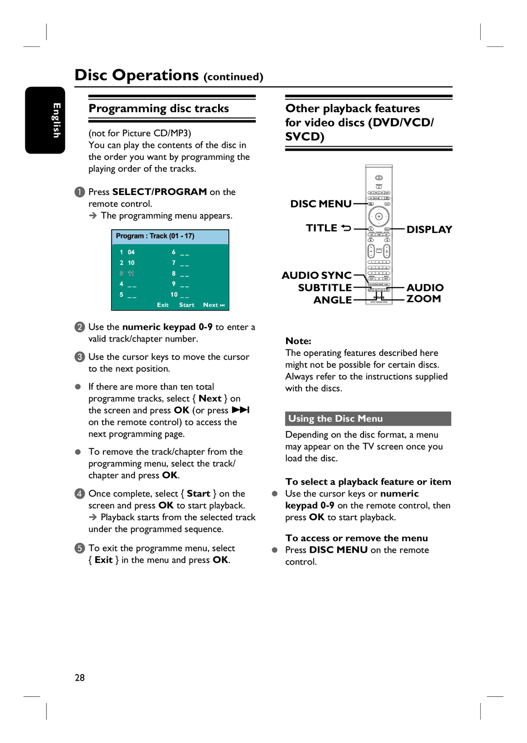 Philips HTS8100 Programming disc tracks, Other playback features for video discs DVD/VCD/ Svcd, Using the Disc Menu 